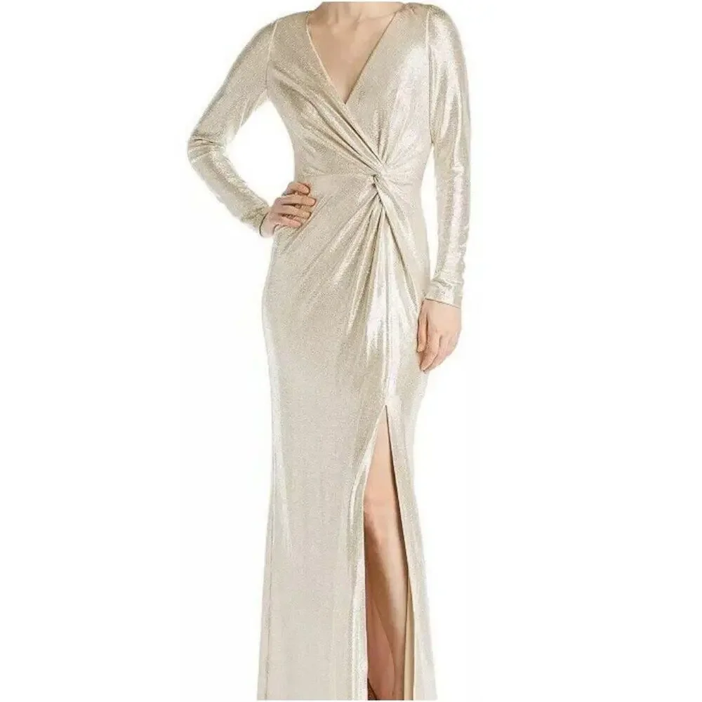 Eliza‎ J Formal Dress Full Length Gown Twist Metallic Silver Sparkly Size 8